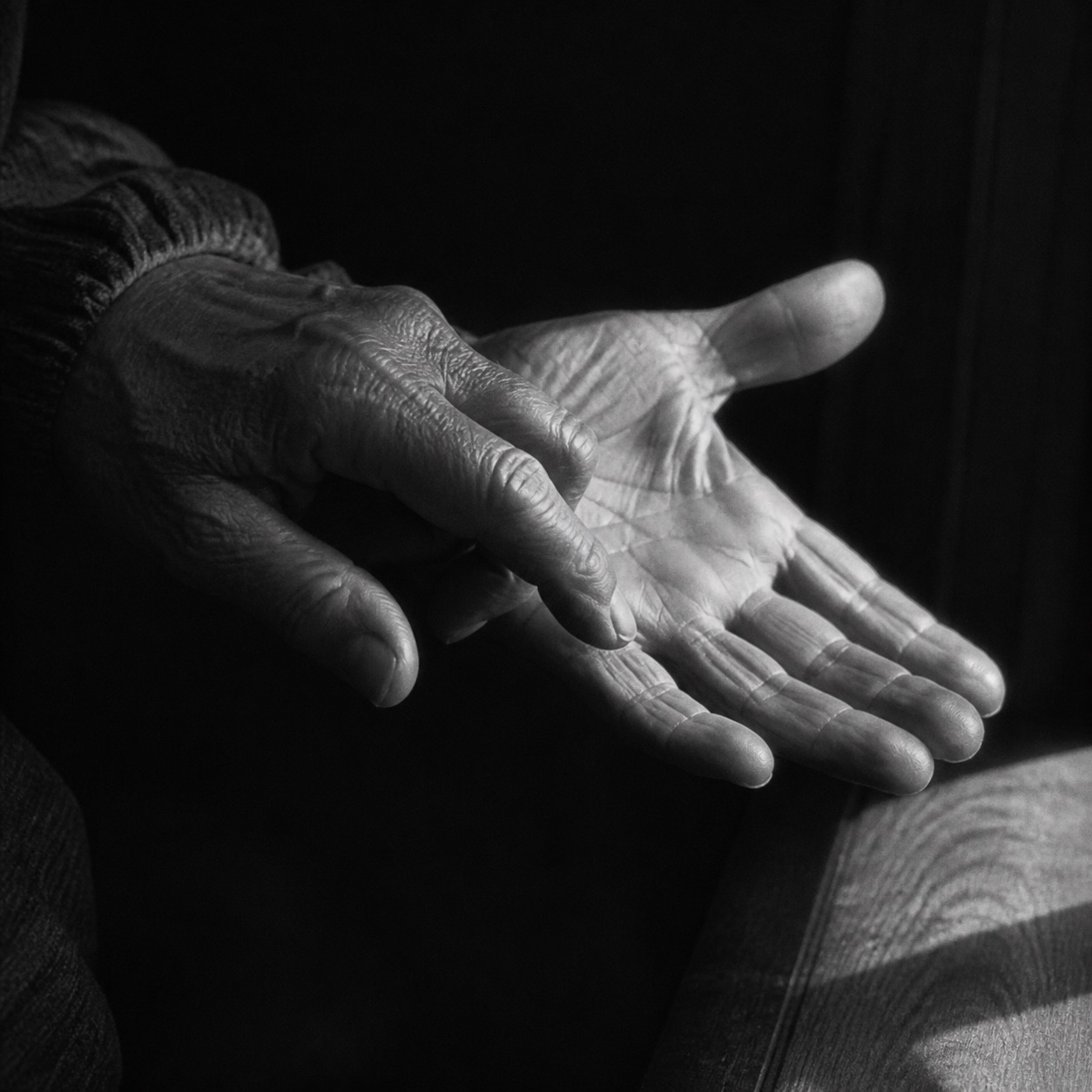 Two hands in hard side light.